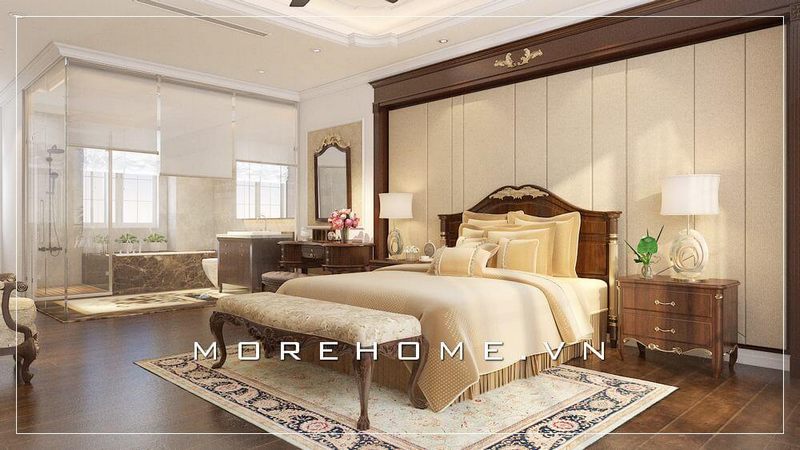 Thiết kế giường ngủ Master tại biệt thự cao cấp phong cách tân cổ điển sang trọng